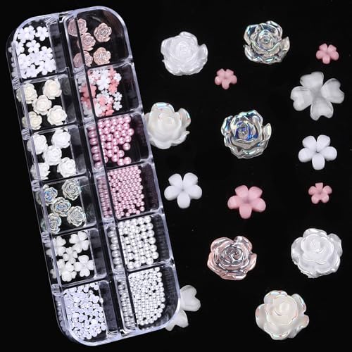Nail Charms, Multi Shape Nail Rhinestones Kit 3D Multi Shape Nail Gems Colorful Butterfly Flowers Nail Crystals Flat Back Nail Pearls for Nail Art Supplies DIY Accessories 6 Boxes