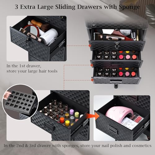 Stagiant Rolling Makeup Case with Drawers Cosmetology Case on Wheels 4 IN 1 Makeup Case 3 Drawers with Foot Stand Spring-release Mechanism Rolling Make Up Organizer for Artist Salon Nail Teach Trunk