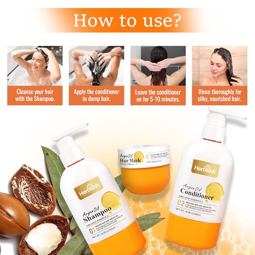 Herbishh Moroccan Argan Oil Shampoo and Conditioner Set with Hair Mask, Moisturizing & Deep Cleansing Kit For Dry, Damaged, Frizzy Hair, Color Safe & UV Protection 16.9fl.oz + 16.9fl.oz + 10.1 fl.oz