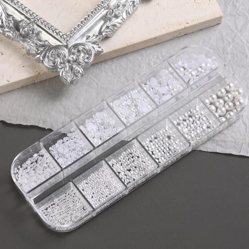 Multi Sizes Round and Half Round Pearls 3D Nail Charms, White Flatback Pearls Nail Jewelry for Women Girls Manicure Nails Supplies DIY Crafts Decorations¡¦¡¦