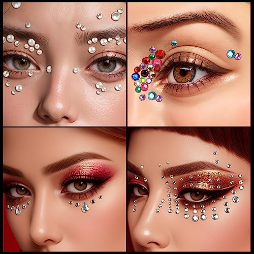 Teenitor Face Gems Self Adhesive Face Gems and Pearls for Makeup, Festival Jewels for Halloween Rave Accessories Hair Gems, Rhinestone Stickers for Face, Eye, Makeup, Body