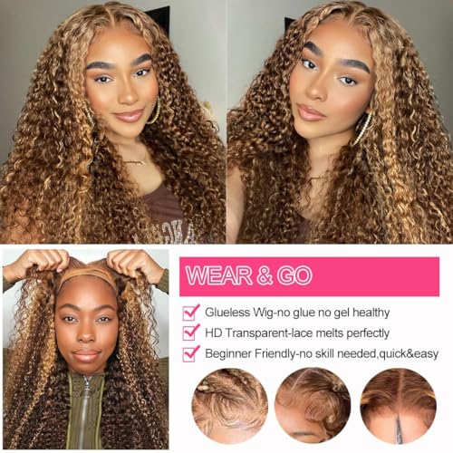 Ombre Highlight Wear and Go Glueless Wigs Human Hair Pre Plucked Pre Cut Deep Wave Lace Front Wigs Human Hair 4x4 Lace Closure Wig for Black Women 180% Density Curly Wig 28 Inch