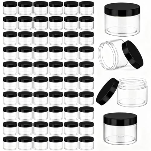 Patelai 60 Pcs Plastic Container Jars with Lids Round Clear Travel Cosmetic Container Jars for Toiletries, Lotion, Cream, Ointments, Makeup, Rhinestone, Samples, Kitchen Storage(Black,6 oz)