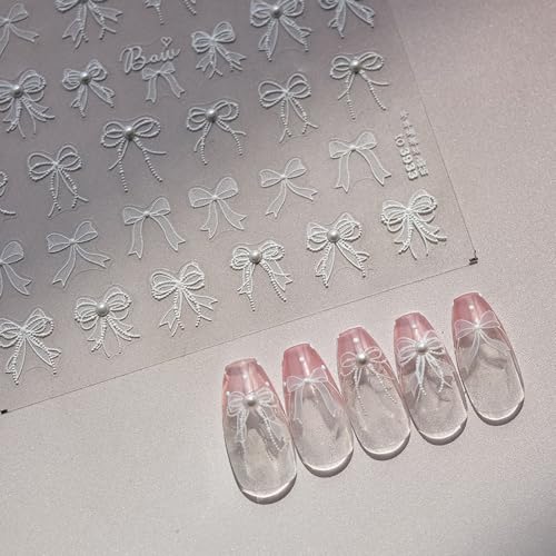 5D Embossed White Lace Bowknot Nail Art Stickers Pearl Bow Nail Stickers for Nail Art Supplies Retro Relief Bow Nail Decals Self-sdhsive Bow Stickers for Nails Ribbon Bows Nail Accessories for Women