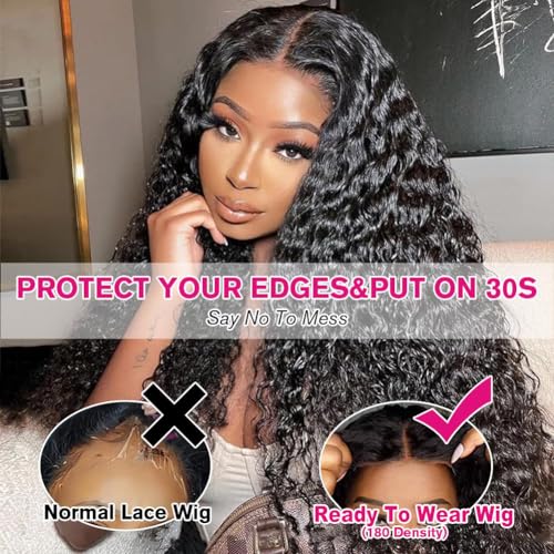 Yuzhou Grace 5x5 HD Lace Closure Wigs Human Hair Glueless Wigs Human Hair Pre Plucked Pre Cut Ready To Wear Deep Wave Curly Glueless Wig Human Hair 250 Density with Baby Hair Natural Hairline(26inch)