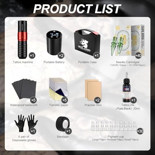 Tattoo Gun,Solong Tattoo Gun Kit Professional 2 Batteries 7 Strokes Wireless Tattoo Kit 6500Rpm Brushless Motor Digital LED Display Tattoo Machine with 20Pcs Tattoo Needles SLE75KIT-1-US