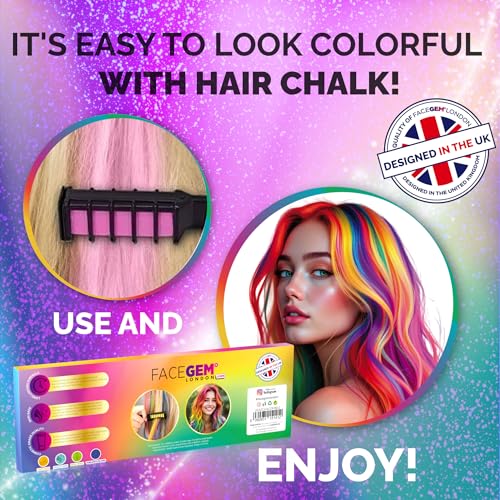 12 Hair chalks comb, 12 NEON & METALLIC hair chalk, Non-Toxic Easy Washable Hair Dye Colourful, METALLIC & NEON hair chalk -Perfect for Festivals, Halloween, Party, hair chalks for girls