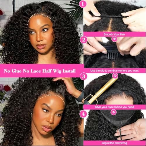 Larhali Burmese Curly Half Wig Human Hair Wear And Go Glueless Wigs Human Hair 18 Inch Curly 3 In 1 Half Wigs for Women 200% Density Drawstring Seamless Flip Headband Wig Beginner Friendly