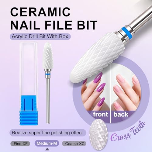 Fantexy 3/32" Ceramic Nail Drill Bit - Remove Acrylic Hard Gels Quickly and Safely,White Ceramic Cone File Bit for Nail Art,Manicure,Pedicure,Gel,Cuticle Clean(Medium - M)