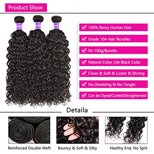 Water Curly Human Hair Bundles Water Wave 4 Bundles (22 24 26 28 Inch) Brazilian Virgin Remy Hair Weave Human Hair Water Wave Bundles Hair Extension Natural Color