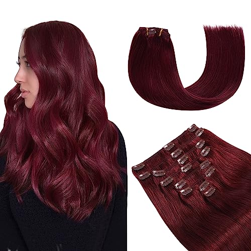 YILITE Clip in Hair Extensions Real Human Hair 8Pcs/Pack 120g Burgundy Straight Thick Invisible Remy Natural Hair Double Weft Clip Extensions for Women (20inches #99J Burgundy£©