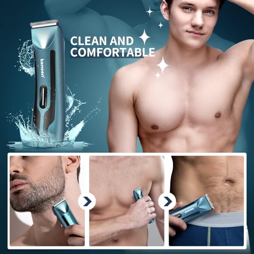 kensen Body Hair Trimmer for Men - Manscape Groin & Pubic Hair Trimmer for Men, Mens Body Shaver with LED Light Travel Case IPX7 Waterproof Wet Dry Use Rechargeable Ball Shavers for Mens Gift (Blue)