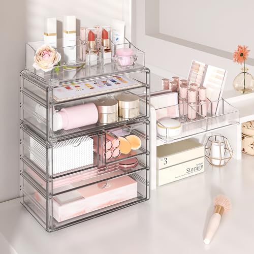 Delamu 4-Tier Clear Makeup Organizer with Drawer, Stackable Acrylic Cosmetic Storage for Bathroom Vanity, Dresser Countertop, Make Up and Jewelry Storage, Beauty Holder for Lipstick Brush Skincare