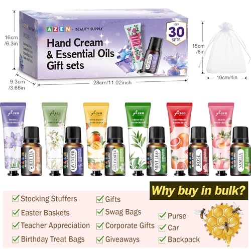 AZEN 30 Sets Bulk Gifts, Hand Cream and Essential Oils Bulk Set with Organza Bag Thank You Card, Baby Shower Wedding Gifts for Guests, Bridal Wedding Favors for Guests,Thank You Gifts for Women