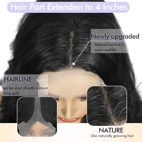 SCENTW Glueless Wigs Black Wig for Women Hand-Tied Lace Synthetic Lace Front Wig Long Wavy with Natural Hairline Middle Part Synthetic wig for Daily Party Beginners