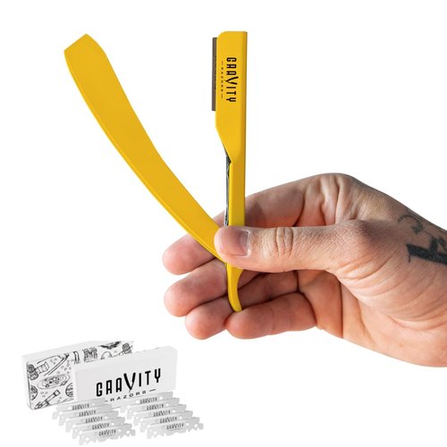 GRAVITY RAZORS Professional Straight Razor Kit – Minimal Exposure, Includes 10 Premium Blades, 2mm Exposed, Yellow