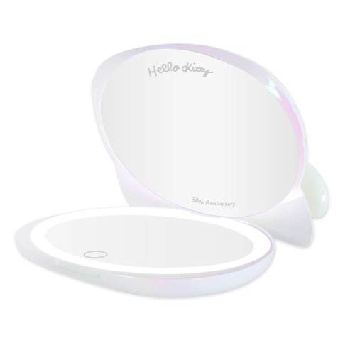 Impressions Vanity Hello Kitty Kawaii Lighted Compact Mirror for Purses, Double Sided Travel Makeup Mirror with 2X Magnification, Adjustable LED Lighting and Soft Touch Switch (Iridescent)