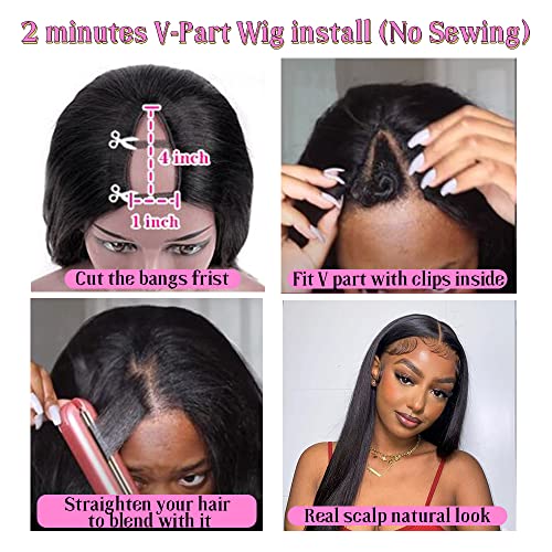 CHEETAHBEAUTY V Part Wigs Human Hair 26 Inch No Leave Out Lace Front Wigs Upgrade U Part Wigs Brazilian Virgin Straight Human Hair Wigs for Women 180% Density Natural Color