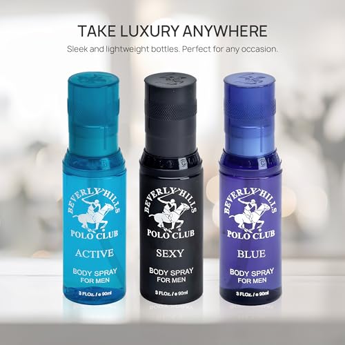 Beverly Hills Polo Club Men's Signature Body Spray Collection | 3-Piece Set: Blue, Active, Sexy | Versatile Fragrances for Every Occasion | Travel-Friendly 3 fl oz Each | Premium Grooming Gift for Him