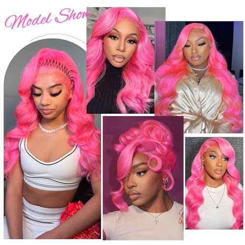 32 Inch Pink Human Hair Wig 200 Density 13x6 HD Lace Front Wigs Human Hair Pre Plucked Body Wave Pink Lace Front Colored Glueless Wigs for Women with Baby Hair