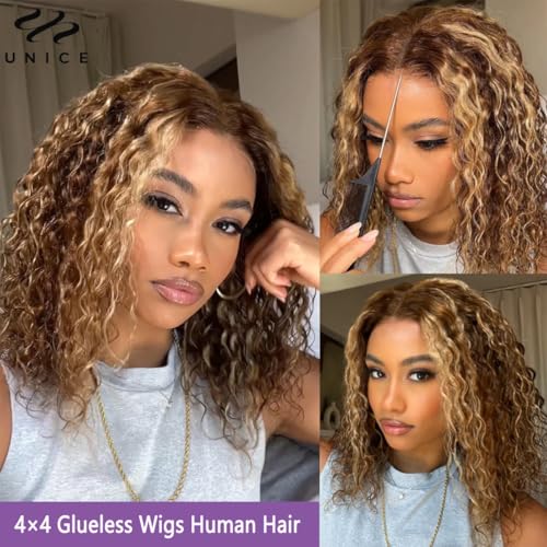 Glueless Wigs Human Hair Pre Plucked Pre Cut 4/27 Highlight Ombre Honey Blonde Curly Bob Wig Human Hair for Beginners 4x4 Deep Wave Lace Closure Glueless Wigs for Black Women 10 Inch