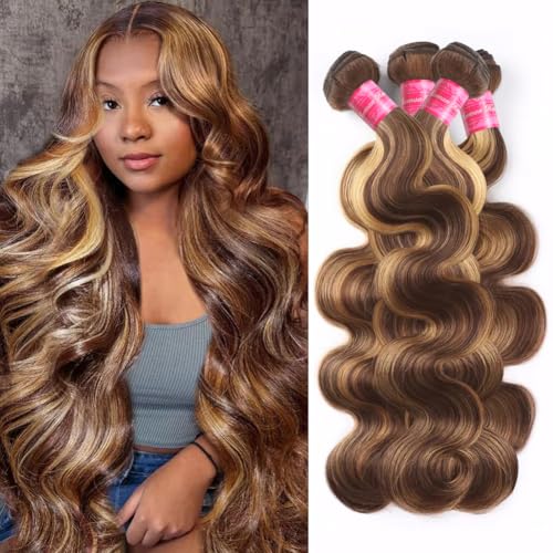 Aopusi Highlight Human Hair Bundles 4/27 Body Wave Bundles 100% Unprocessed Brazilian Virgin Hair Ombre Blonde Bundles Human Hair Body Wave Bundles Hair Weave for Black Women(18 20 22 24 Inch)