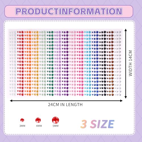 900PCS Self Adhesive Rhinestone Stickers, Gem Sticker for Face, Hair, Craft, Clothes, Shoes, Phone, 3 mm to 5 mm Multicolored Diamond Stickers for DIY