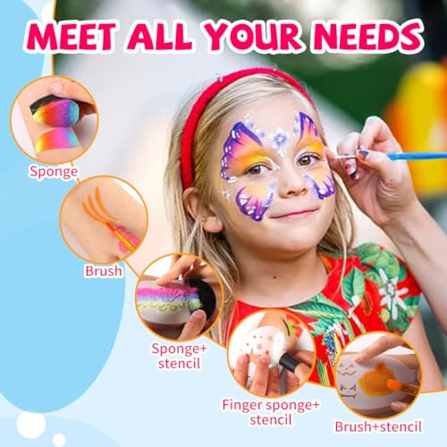 46 pcs Face Paint Stencils Kit,22 Pcs Reusable Facial Painting Stencils Reusable Body Paint Templates with 10 pcs Brushes,14 pcs Sponges for Party Halloween Makeup Depvision Face Paint Accessory Kit