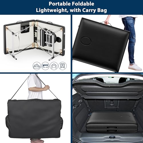 Brelley Massage Table Portable, 2-Fold Lash Bed with Side Pocket, Adjustable Height, Sturdy Aluminum Frame, Esthetician Spa Facial Tattoo Bed with Face Cradle & Carrying Bag, Black