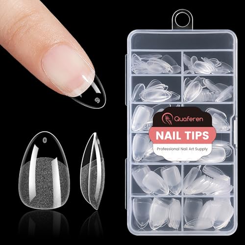 Quaferen Almond Nail Tips Short: 240pcs Pre-shape Acrylic Fake Nails Tips Almond Shape - 12 Sizes Soft Gel Full Cover Clear Gelly Press on False Tip for Nail Extension Salon Home