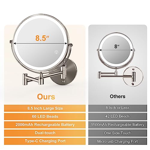 8.5 Inch Rechargeable Wall Mounted Makeup Mirror Brushed Nickel, Double Side Dual-Touch 1X/10X Magnifying Mirror with Light, 3 Color Lights 360¡ÆSwivel Extendable Bathroom Mirror