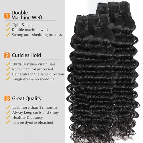 Deep Wave Bundles Human Hair 22 22 22 Inch Curly Human Hair Bundles, 100% Unprocessed 12A Brazilian Virgin Hair with Aligned Scales Wet and Wavy Deep Curly Water Wave Bundles for Black Women