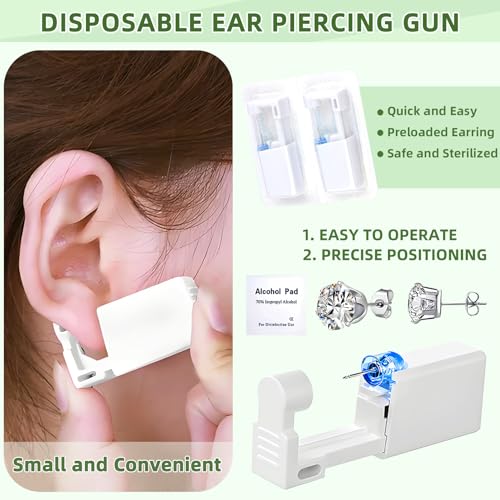 24 Pcs Ear Piercing Kit: Disposable Ear Piercing Gun Kit with 8 Guns, 8 Pcs Earrings Stud, 8 Pcs Cleaning Pads