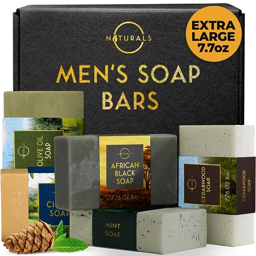 O Naturals 5PC Mens Soap Gift Sets, Gifts for Men, Organic Bar Soap for Men, Mens Gift Set Exfoliating Soap Cedarwood & Mint, Mens Bar Soap in Citrus, Olive Oil, African Black Soap, Soap Gifts For Men