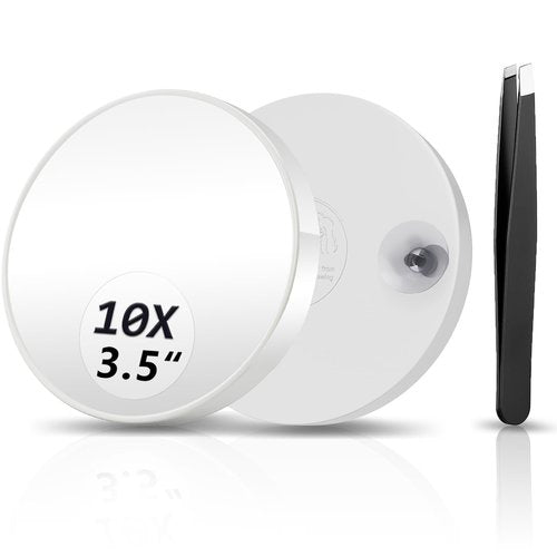FAHZON 10X Magnifying Mirror, Magnified Mirrors 3.5" with Two Suction Cups and Tweezers, Travel Magnifyied Mirror Set Comes with Portable Storage Bag, Small Magnifying Mirrors for Travel(White)