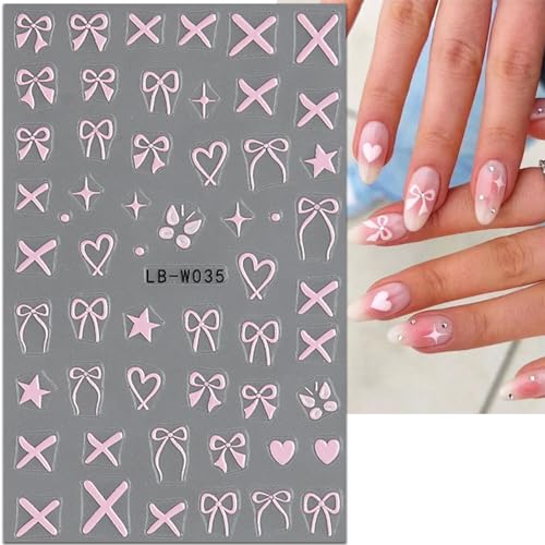 JMEOWIO 8 Sheets Heart Bow Tie Nail Art Stickers Decals Self-Adhesive Pegatinas U?as Pink Nail Supplies Nail Art Design Decoration Accessories