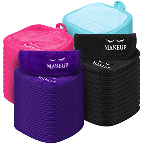 Queekay 48 Pcs Makeup Remover Cloths Reusable Washable Remover Pads Soft Microfiber Washcloths Facial Cloths Makeup Towels Holiday Gift for Women, 5 x 5 Inch(Black, Blue, Purple, Rose Red)