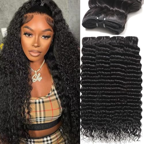 Bundles Human Hair 12A Brazilian Virgin Human Hair Wet and Wavy Bundles 22 24 26 28 Inch 100% Unprocessed Deep Curly Weave Human Hair Extensions Natural Black