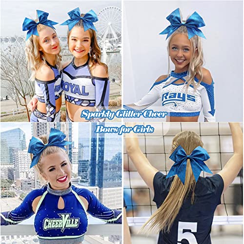 16PCS 8" Large Glitter Cheer Bows for Cheerleaders, CN Sparkly Hair Bows with Elastic Hair Ties Accessories for Teens Girls Women Cheerleading Softball Competition Sports (Blue)