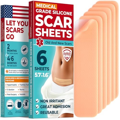 Medical Grade Silicone Scar Sheets - 6pk (5.7¡±x1.6¡±) - Visible Difference on Surgical & Keloid Marks - Reusable C-Section Scar Silicone Strips - Easy to Use Strips