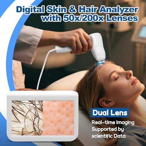 Skin Hair Analyzer 10.2 Inch Scalp Analysis Machine, Scalps Camera with 50X/200X Dual Lens, Skin Scalp Detector, Rechargeable HD Hair Follicle Analyzer for Home Salon Use
