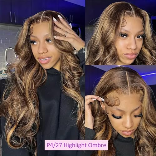 28 Inch Wear and Go Glueless Wigs Human Hair Pre Plucked Pre Cut 5x5 HD Lace Closure Wigs Human Hair Body Wave Wig P4/27 Honey Blonde Ombre Highlight Lace Front Wig 180% Density