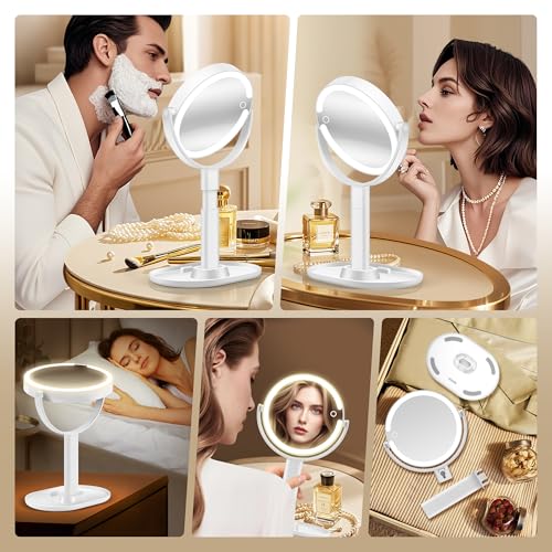 Makeup Mirror with Lights, 30X Magnifying & Height Adjustable, Lighted Magnifying Mirror with 3 Light Modes and Stepless Dimming, Vanity Mirrors for Bathroom, Birthday Gift for Women, White