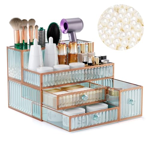 Makeup Organizer Countertop - Tempered Glass Vanity Organizer for Cosmetics, Skincare, Hair Tools, Brushes, Perfume - Multipurpose Bathroom Counter Skincare Organizer