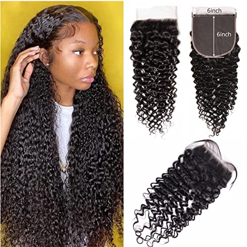Brazilian Kinky Curly 6x6 Lace Closure 100% Unprocessed Human Virgin Hair Pre Plucked Jerry Curly Pre-Plucked Hairline Deep Curly Closure Natural Black With Baby Hair (22inch, curly 6x6 closure)