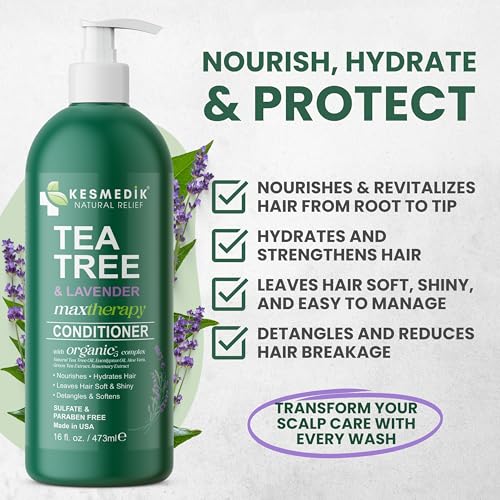 Tea Tree & Lavender Conditioner, Soothes Itchy, Dry Scalp, Refreshes, Hydrates, Detangles & Controls Frizz, Reduces Hair Loss, Lavender-Infused Nourishing Formula for All Hair Types, 16 fl oz