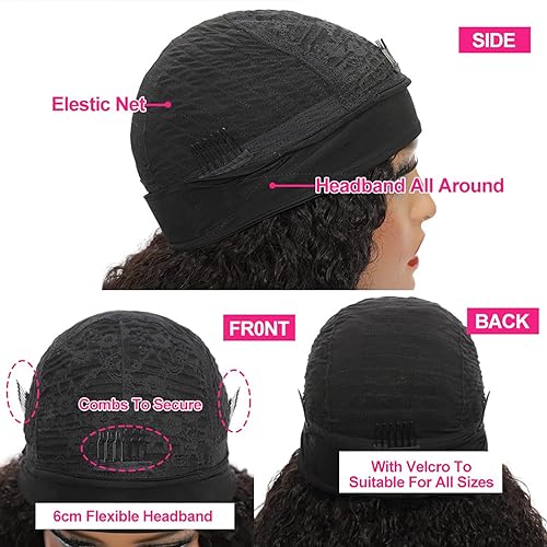 Kinky Curly Headband Wig Human Hair 26 Inch Headband Wigs for Women Human Hair Glueless None Lace Front Curly Wave Wigs Brazilian Virgin Hair Wear and Go Glueless Wig 150% Density Natural Black Color