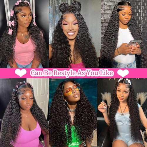 13x6 Deep Wave Lace Front Wigs Human Hair 200% Density HD Lace Frontal Wigs 12A Glueless Curly Wigs Human Hair Pre Plucked with Baby Hair Wet And Wavy Wigs for Black Women Natural Black 30 inch