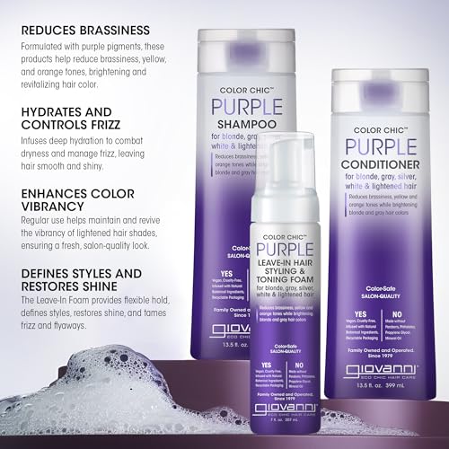 GIOVANNI Color Chic Purple Shampoo, Conditioner, & Styling & Toning Foam for Blonde, Gray, Silver & Bleached Hair, Reduces Brass Tones, Adds Shine, Vegan - 13.5 fl oz & 7 fl oz Mousse (Set of 3)