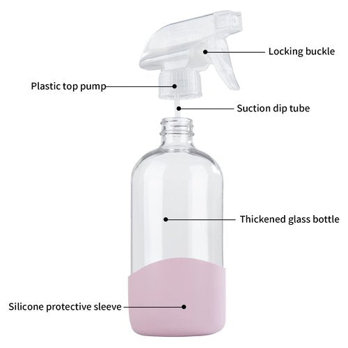 HOMBYS 8 Oz Empty Clear Glass Spray Bottles with Silicone Sleeve Protection Refillable Containers for Cleaning Solutions, Essential Oils, Misting Plants - Quality Sprayer - 3 Pack Boston Bottles